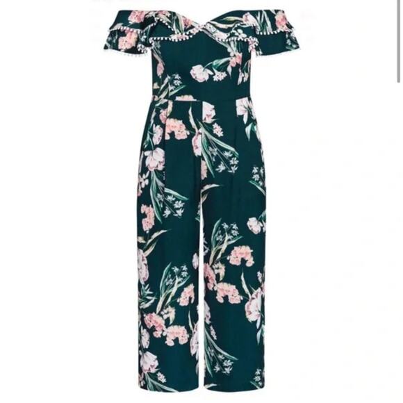 City Chic Fresh Field Floral Off the Shoulder Crop Wide Leg Jumpsuit 18, 20 New - Picture 9 of 13